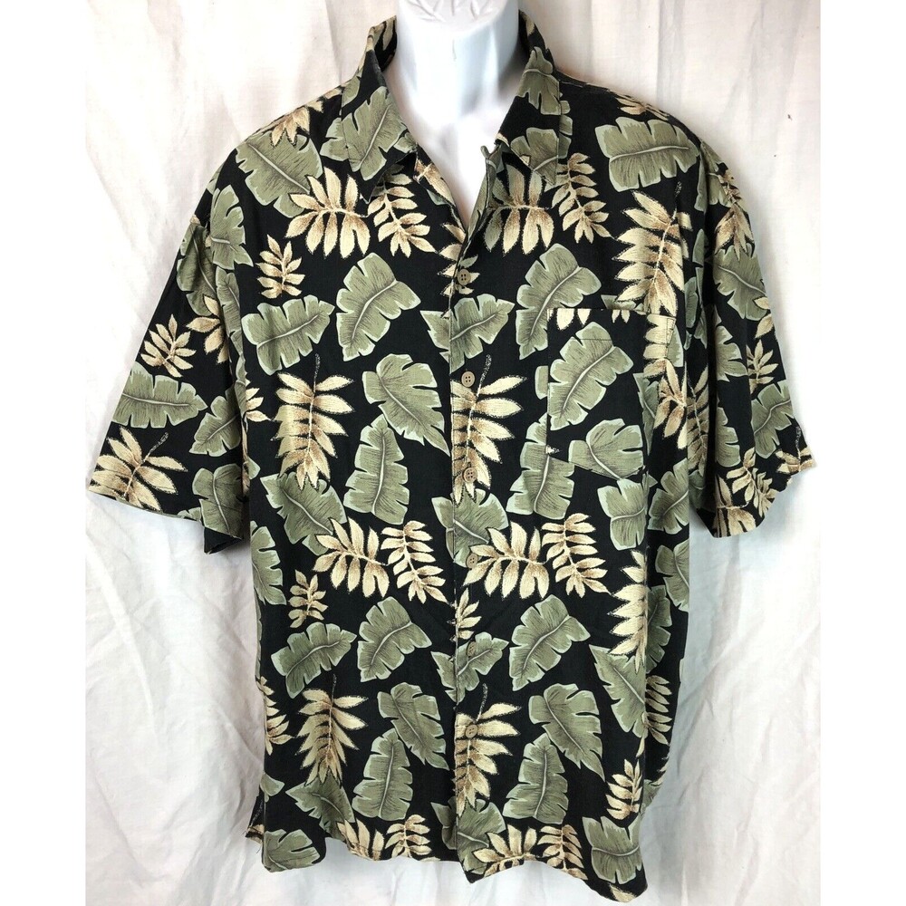 Vintage Summa Hawaiian Shirt XL Green Blk Tropical ButtonUp Beach Surf Luau Y2K
